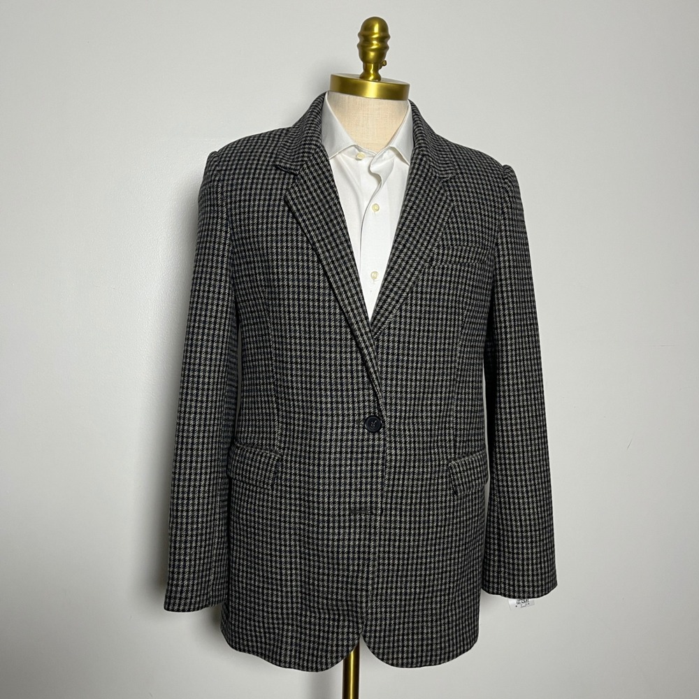 Zara Blazer Womens L‎ Black Brown Houndstooth Oversized Notch Lapel Jacket